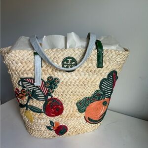 Tory Burch Emerson Embroidered Straw Tote.